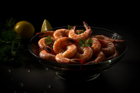 A visually stunning product photography of a delicious dish of shrimp in a bowl, taken using natural light. Ai generatedの素材