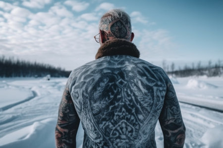 A striking image of a man with Icelandic heritage, displaying his intricate tattoos while braving the frigid winter climate. Ai generatedの素材
