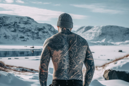 A striking image of a man with Icelandic heritage, displaying his intricate tattoos while braving the frigid winter climate. Ai generatedの素材