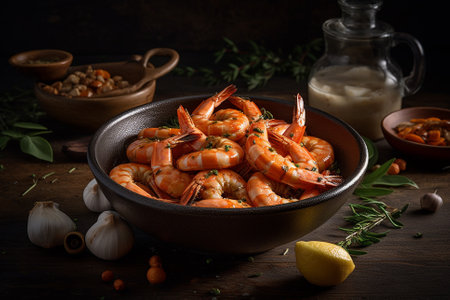 A visually stunning product photography of a delicious dish of shrimp in a bowl, taken using natural light. Ai generatedの素材