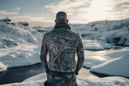 A striking image of a man with Icelandic heritage, displaying his intricate tattoos while braving the frigid winter climate. Ai generatedの素材