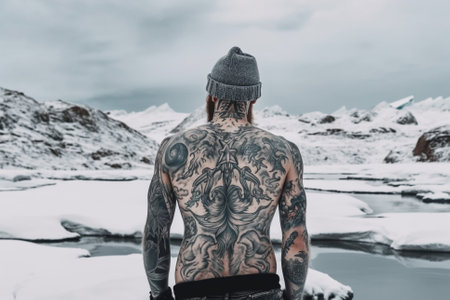 A striking image of a man with Icelandic heritage, displaying his intricate tattoos while braving the frigid winter climate. Ai generatedの素材