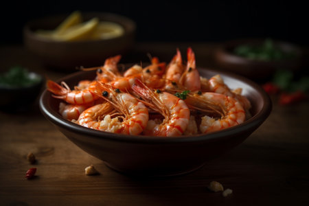 A visually stunning product photography of a delicious dish of shrimp in a bowl, taken using natural light. Ai generatedの素材