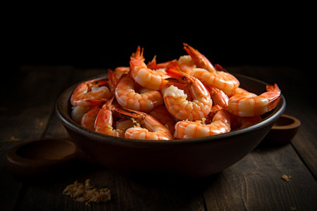 A visually stunning product photography of a delicious dish of shrimp in a bowl, taken using natural light. Ai generatedの素材