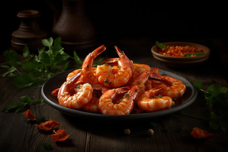 A visually stunning product photography of a delicious dish of shrimp in a bowl, taken using natural light. Ai generatedの素材