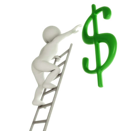 3D cartoon man on a ladder about to reach green dollar signの写真素材