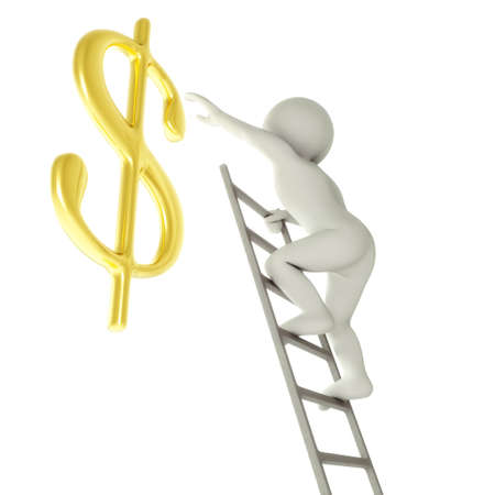 3D cartoon man on a ladder about to reach golden dollar signの写真素材