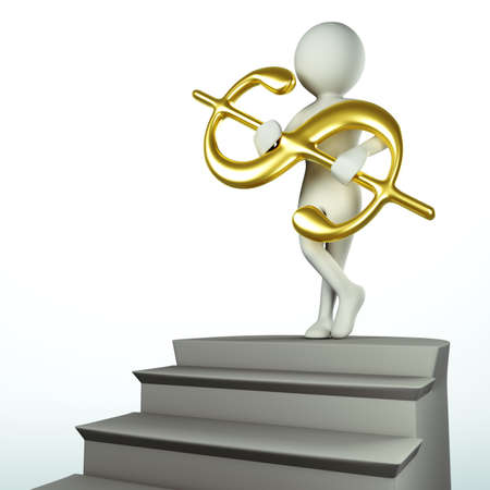 3D man at the top of the stairs holding golden dollar in handsの写真素材