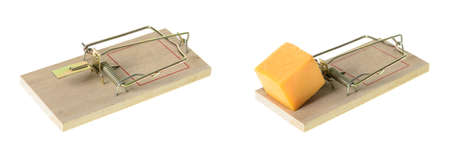 An empty mousetrap and a set mousetrap with a cube of cheddar cheese, isolated on a white background の写真素材