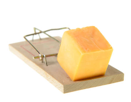 A set mouse trap with cheddar cheese, isolated on a white background の写真素材