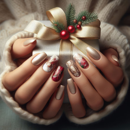 A close-up, photorealistic portrayal of a woman's hands with intricate Christmas-themed nail art, clutching a gift adorned with a golden bow.の素材