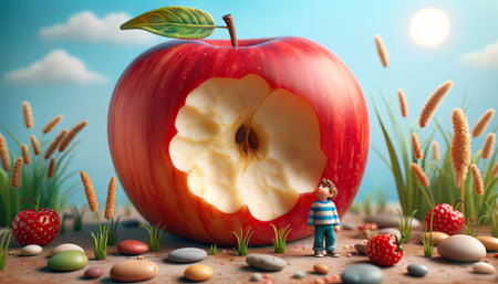 A small boy gazes in awe at a huge apple with a bite taken out, amidst a surreal landscape under a bright sun.の素材