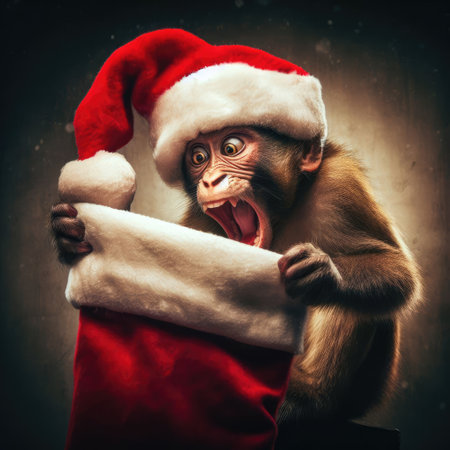A surprised monkey wearing a Santa hat, comically opening a stocking with a wide-eyed expression.の素材