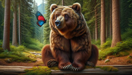 A brown bear is captivated by a monarch butterfly in a misty forest setting.の素材