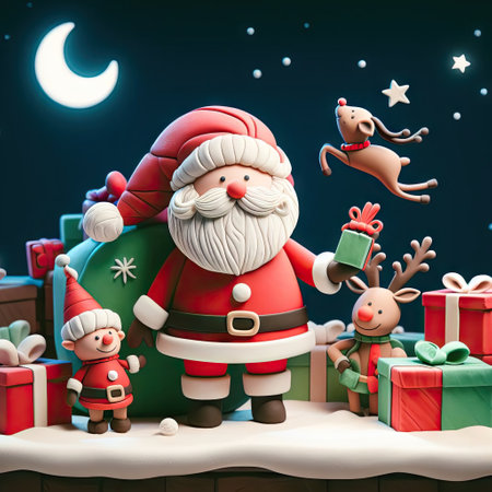 Santa Claus, with a jolly expression, shares gifts surrounded by his helpers, including a flying reindeer and a cheerful elf, under a starry night sky.の素材