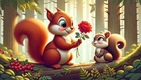 Two animated squirrels, one presenting a flower to the other in a forest setting.の素材