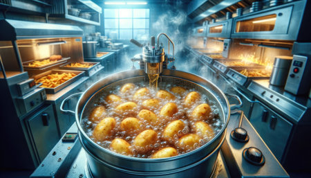 This is a photo of potatoes frying in a large, commercial kitchen. The potatoes are in a large, metal fryer with a basket and there is steam rising from the fryer.の素材