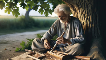 An elderly man with white hair and beard carves a flute by hand under the shade of a large tree.の素材