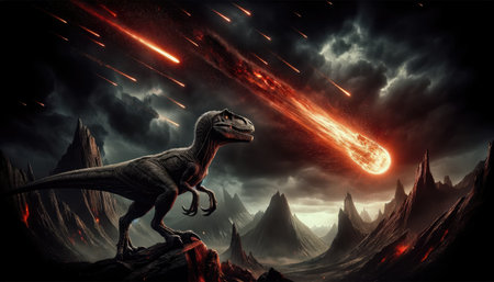 A Velociraptor stands on a precipice, gazing at the fiery descent of a meteor in a prehistoric landscape.の素材