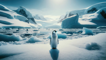 This is a photo realistic image of a penguin standing on a small patch of snow with its wings slightly spread. The background consists of icebergs, glaciers, and snow-covered mountains under a bright blue sky.の素材