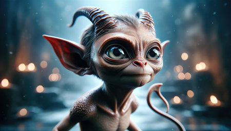 A fantasy creature with large eyes and horns poses pensively in a mystical, dimly lit environment.の素材