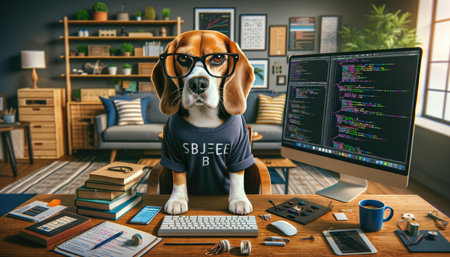 A smart Beagle dressed in casual tech attire sits in front of a computer with code on the screen.の素材