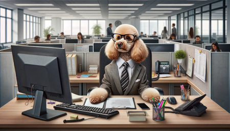 An efficient poodle dressed in a business suit and glasses, appears professional and ready for work at an office desk.の素材