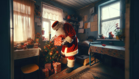 Santa Claus placing a gift under a Christmas tree in a cozy, warm-lit room.の素材