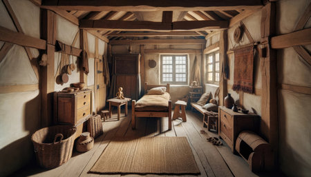A cozy, traditional bedroom with rustic wooden furniture and textiles, exuding a warm, historical ambiance.の素材