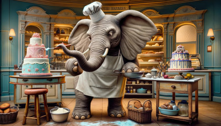 An anthropomorphic elephant in chef attire decorates a cake, showcasing a whimsical bakery setting.の素材