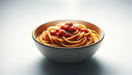 A simple bowl of spaghetti topped with tomato sauce and a sprinkle of cheese, isolated on a white background.の素材