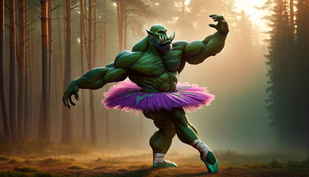 A whimsical depiction of a muscular orc wearing a tutu and ballet shoes, poised mid-dance in a misty forest.の素材