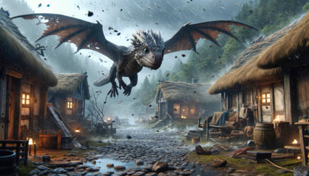 A dragon descends upon a rustic village, causing mayhem amidst a stormy backdrop.の素材