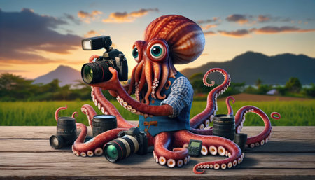 A whimsical portrayal of an octopus using photography equipment in a rural setting.の素材