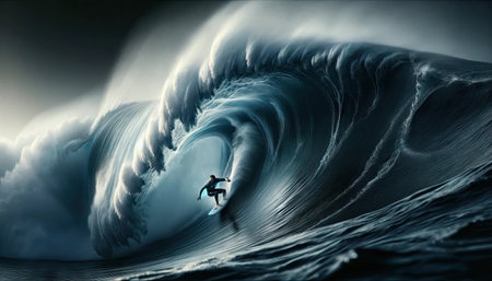 A surfer catches a massive wave, demonstrating skill and bravery against the powerful ocean.の素材