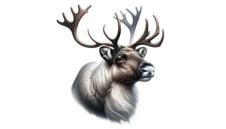 Digital illustration of a reindeer head with large antlers, isolated on a white background.の素材