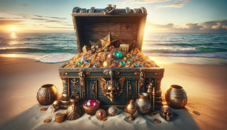 A treasure chest overflowing with jewels and gold on a sandy beach during sunset.の素材
