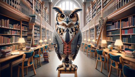 An imaginative portrayal of an owl with human-like attire in a classic library.の素材