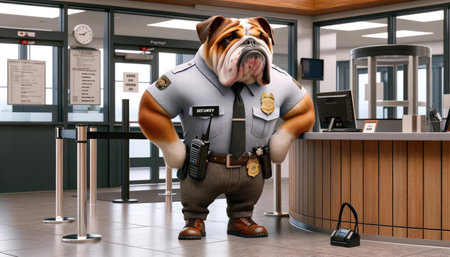An anthropomorphic bulldog dressed as a security guard stands attentively in a building's lobby.の素材
