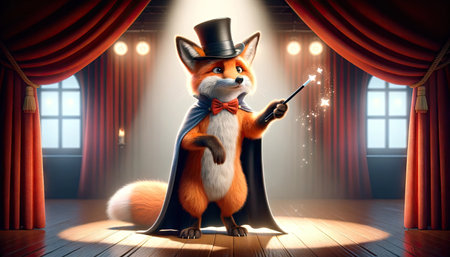 An anthropomorphic fox dressed as a magician performs a magic trick with a wand on stage, with sparkles flying around.の素材
