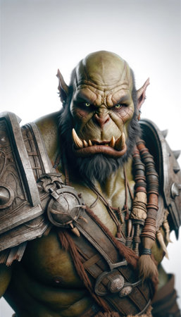 A detailed close-up of an orc character with armor, embodying a fantasy warrior theme.の素材