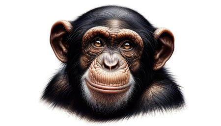Close-up of a chimpanzee's face, isolated on a white background with a detailed and expressive look.の素材