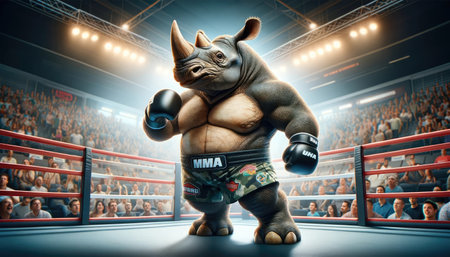 A rhino stands as a boxer in an MMA ring, surrounded by an excited crowd, embodying strength and power.の素材