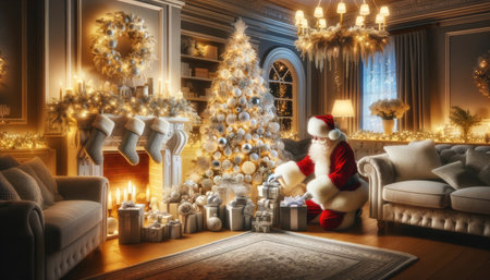 An elegant living room decorated for Christmas with Santa Claus placing gifts under the tree.の素材