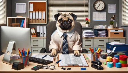 A humorous image of a pug dog dressed in office attire sitting at a work desk surrounded by office supplies.の素材