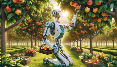A futuristic robot picking peaches in an orchard, showcasing advanced agriculture technology.の素材