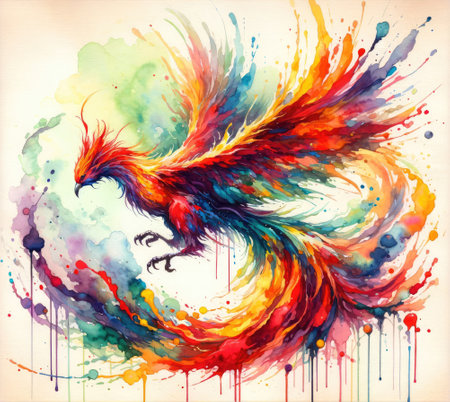 A vibrant watercolor painting of a phoenix with splashes of colors creating an abstract effect.の素材