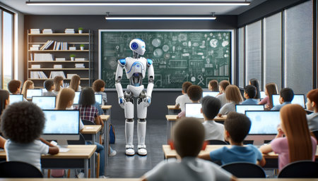A humanoid robot stands in front of a classroom, teaching diverse students with laptops.の素材
