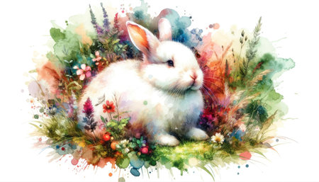 A whimsical watercolor illustration of a rabbit surrounded by vibrant, colorful flowers and splashes of paint.の素材
