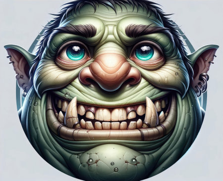 Illustration of a whimsical green creature with large eyes and tusks.の素材